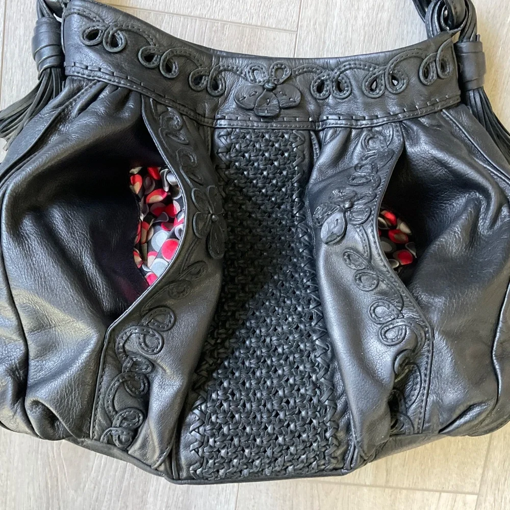 LOCKHEART Rare Black Leather Bag Floral Details